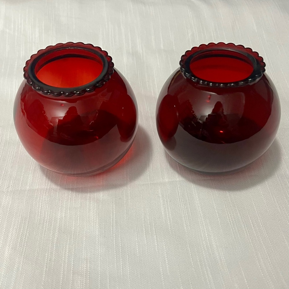 Vintage Ruby Red Glass Votive Candle Holders Scalloped Rim Bubble Pair 2pc